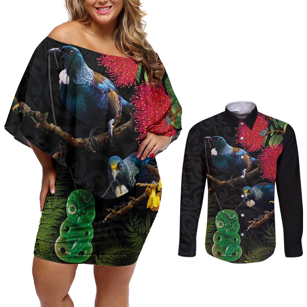 New Zealand Tui Couples Matching Off Shoulder Short Dress and Long Sleeve Button Shirt Guardians of the Hei Tiki - Maori Art and Plants