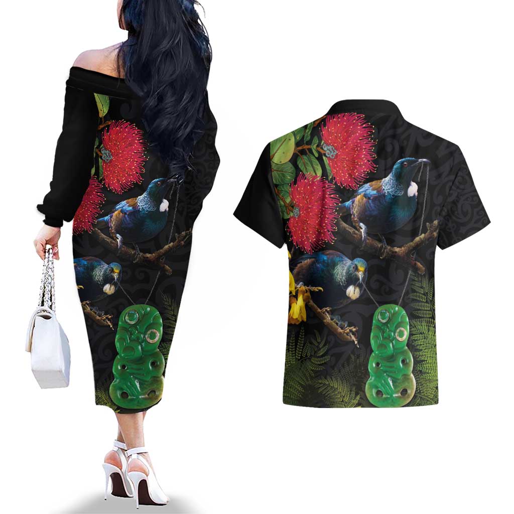 New Zealand Tui Couples Matching Off The Shoulder Long Sleeve Dress and Hawaiian Shirt Guardians of the Hei Tiki - Maori Art and Plants