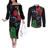 New Zealand Tui Couples Matching Off The Shoulder Long Sleeve Dress and Long Sleeve Button Shirt Guardians of the Hei Tiki - Maori Art and Plants