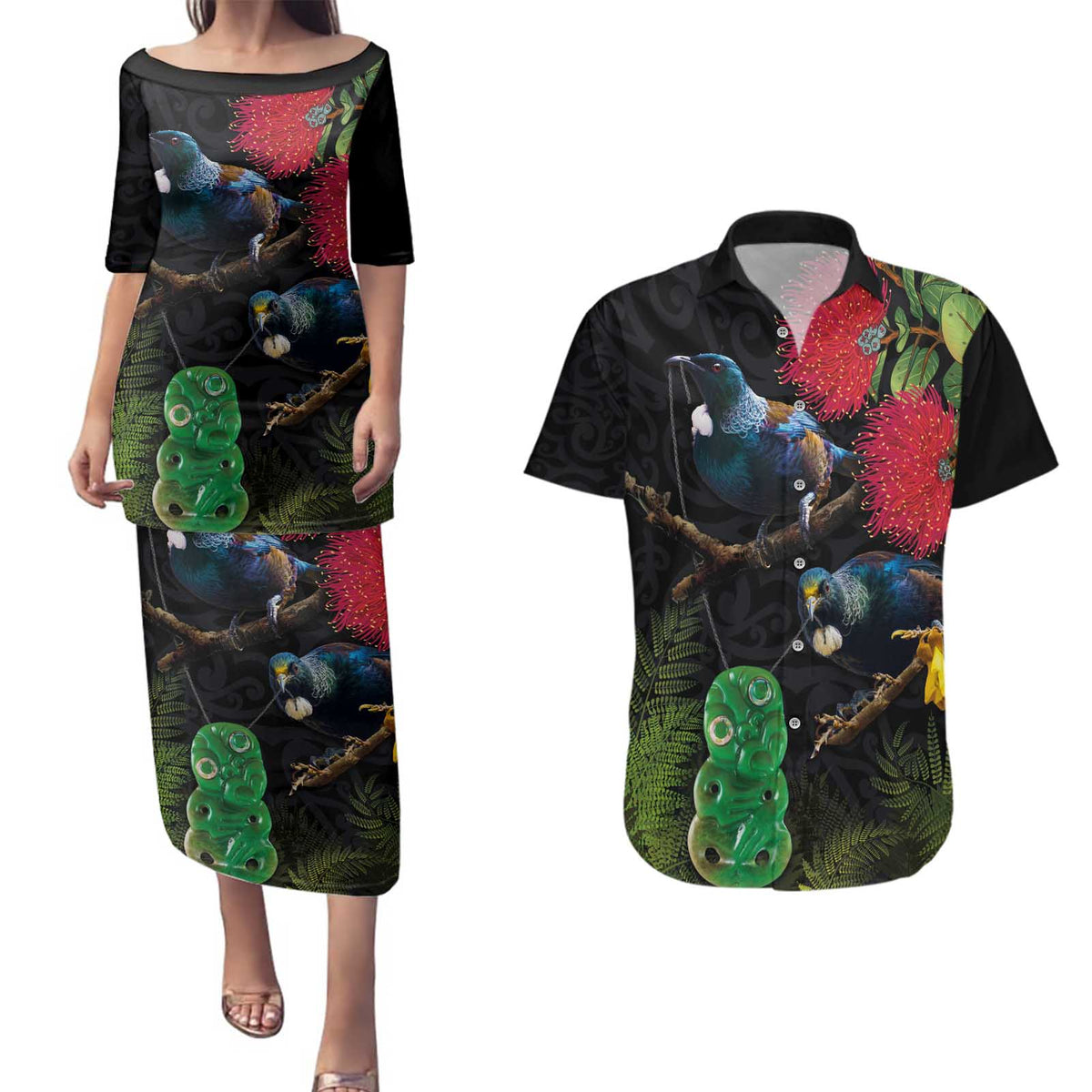 New Zealand Tui Couples Matching Puletasi and Hawaiian Shirt Guardians of the Hei Tiki - Maori Art and Plants