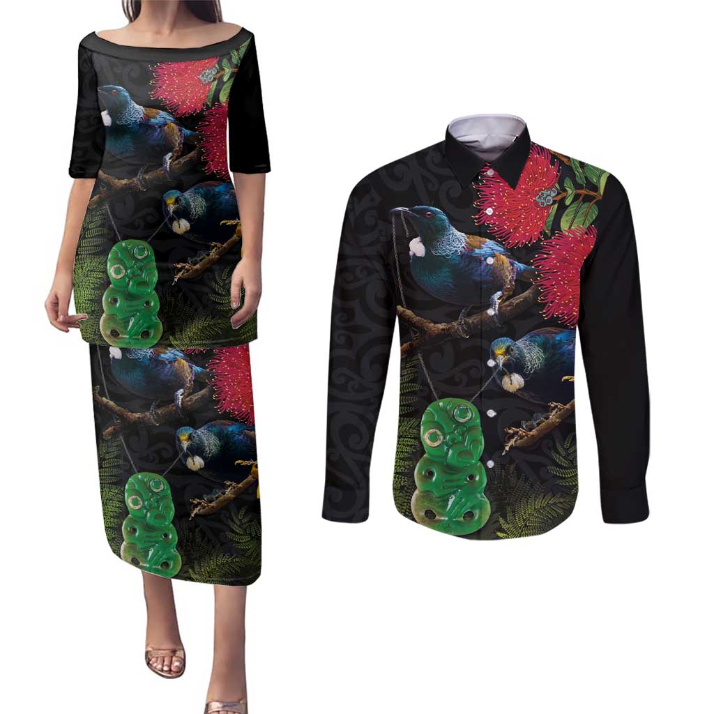 New Zealand Tui Couples Matching Puletasi and Long Sleeve Button Shirt Guardians of the Hei Tiki - Maori Art and Plants