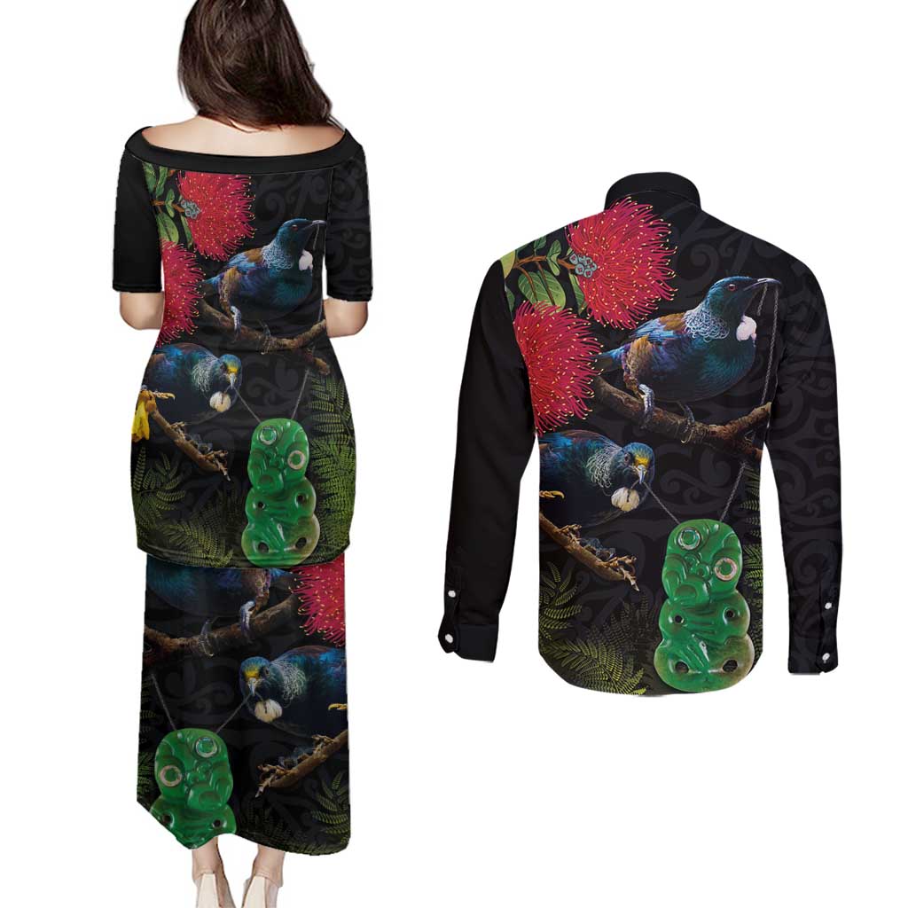 New Zealand Tui Couples Matching Puletasi and Long Sleeve Button Shirt Guardians of the Hei Tiki - Maori Art and Plants