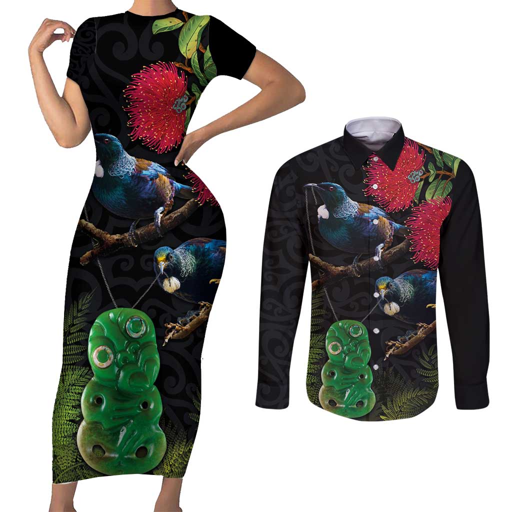 New Zealand Tui Couples Matching Short Sleeve Bodycon Dress and Long Sleeve Button Shirt Guardians of the Hei Tiki - Maori Art and Plants