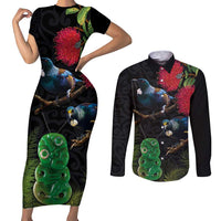 New Zealand Tui Couples Matching Short Sleeve Bodycon Dress and Long Sleeve Button Shirt Guardians of the Hei Tiki - Maori Art and Plants