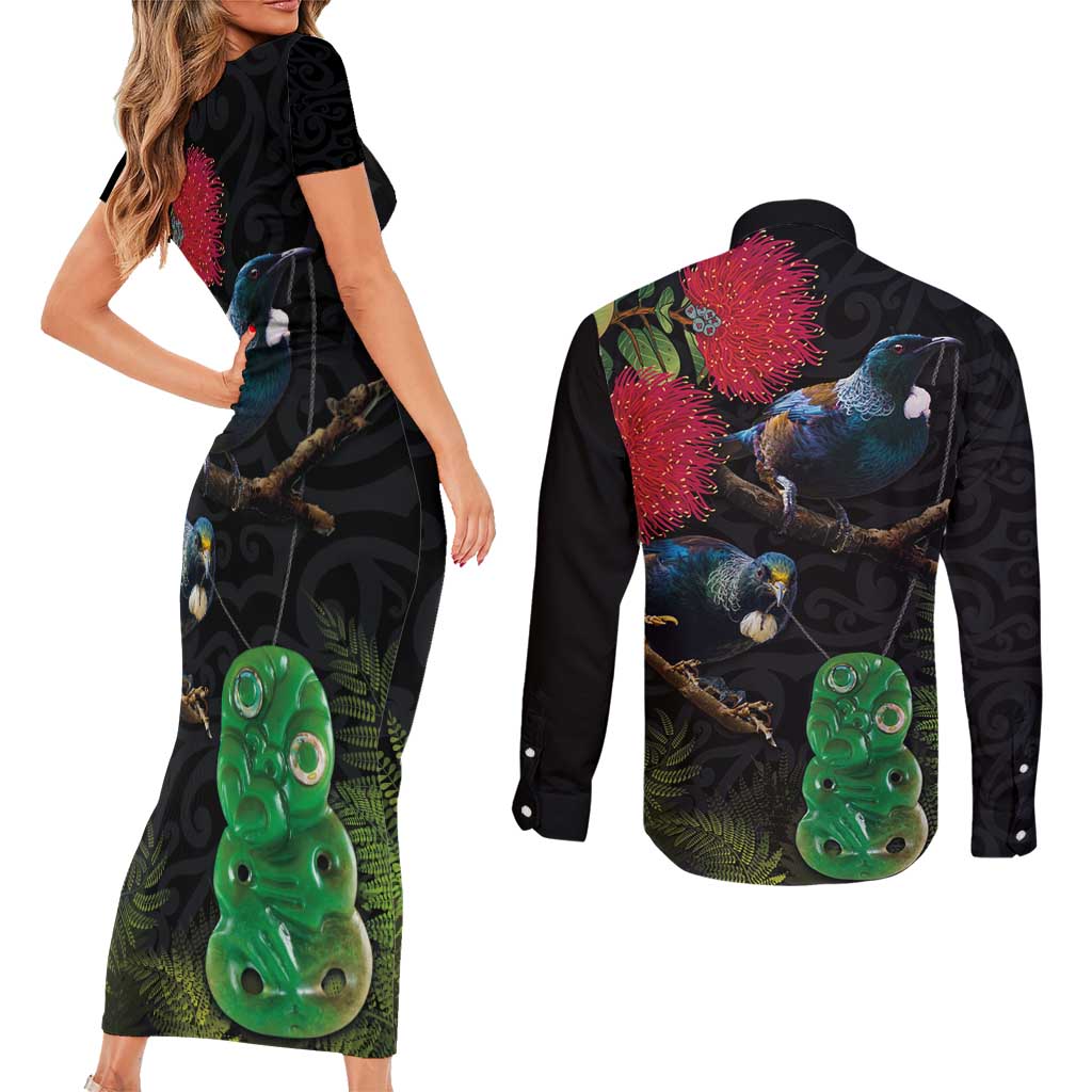 New Zealand Tui Couples Matching Short Sleeve Bodycon Dress and Long Sleeve Button Shirt Guardians of the Hei Tiki - Maori Art and Plants