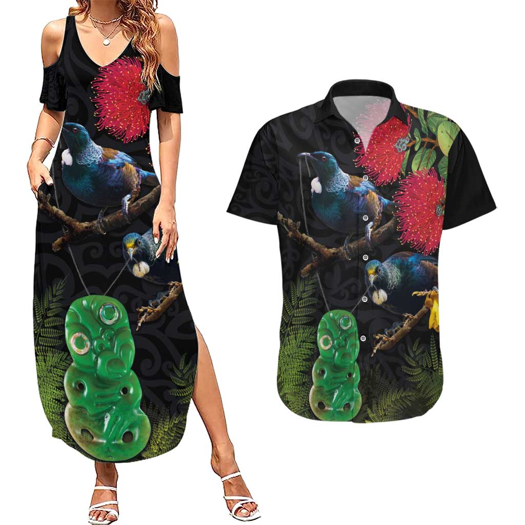 New Zealand Tui Couples Matching Summer Maxi Dress and Hawaiian Shirt Guardians of the Hei Tiki - Maori Art and Plants