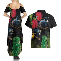 New Zealand Tui Couples Matching Summer Maxi Dress and Hawaiian Shirt Guardians of the Hei Tiki - Maori Art and Plants