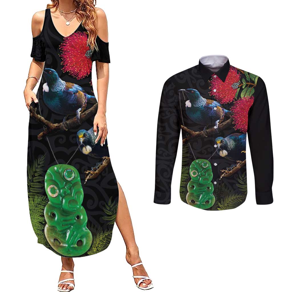 New Zealand Tui Couples Matching Summer Maxi Dress and Long Sleeve Button Shirt Guardians of the Hei Tiki - Maori Art and Plants