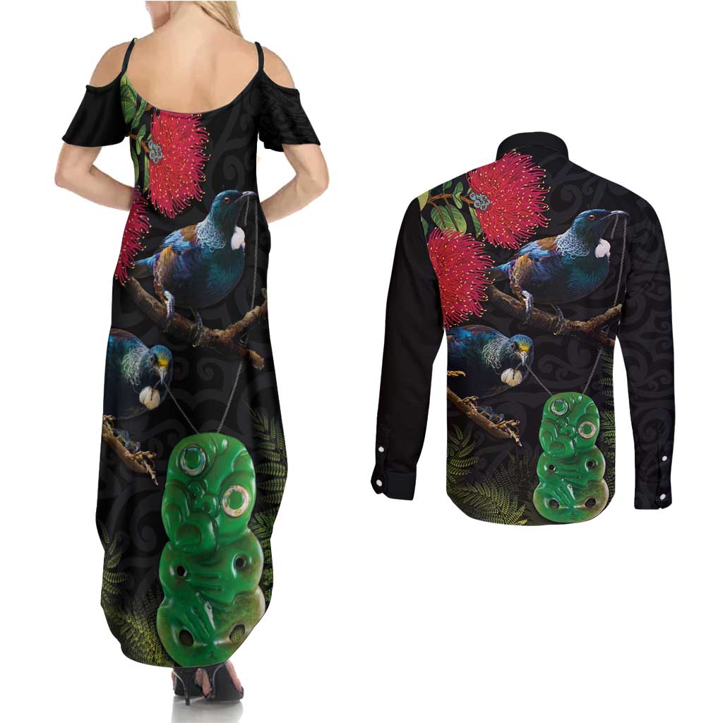 New Zealand Tui Couples Matching Summer Maxi Dress and Long Sleeve Button Shirt Guardians of the Hei Tiki - Maori Art and Plants