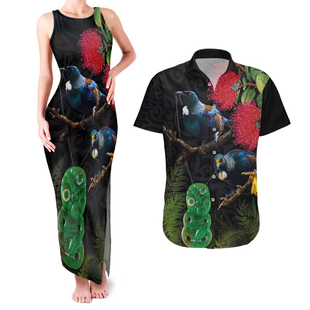 New Zealand Tui Couples Matching Tank Maxi Dress and Hawaiian Shirt Guardians of the Hei Tiki - Maori Art and Plants