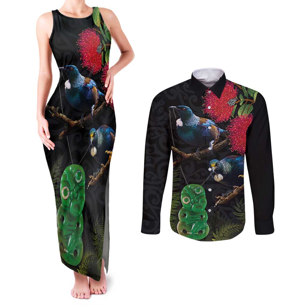 New Zealand Tui Couples Matching Tank Maxi Dress and Long Sleeve Button Shirt Guardians of the Hei Tiki - Maori Art and Plants