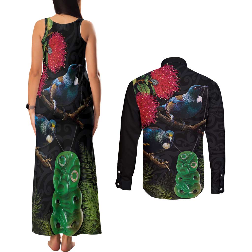 New Zealand Tui Couples Matching Tank Maxi Dress and Long Sleeve Button Shirt Guardians of the Hei Tiki - Maori Art and Plants