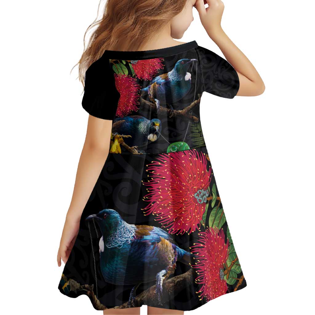 New Zealand Tui Family Matching Off Shoulder Short Dress and Hawaiian Shirt Guardians of the Hei Tiki - Maori Art and Plants