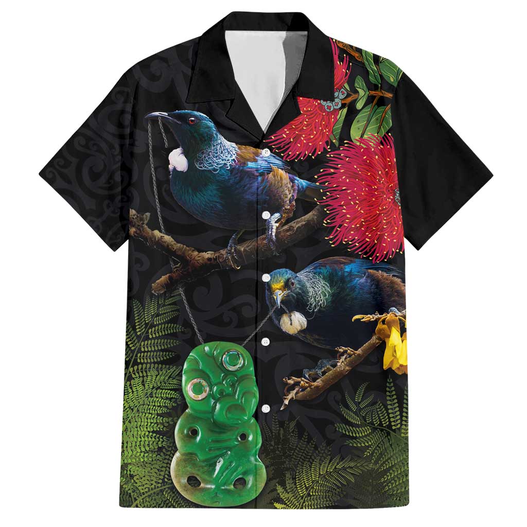 New Zealand Tui Hawaiian Shirt Guardians of the Hei Tiki - Maori Art and Plants LT03 Black - Polynesian Pride