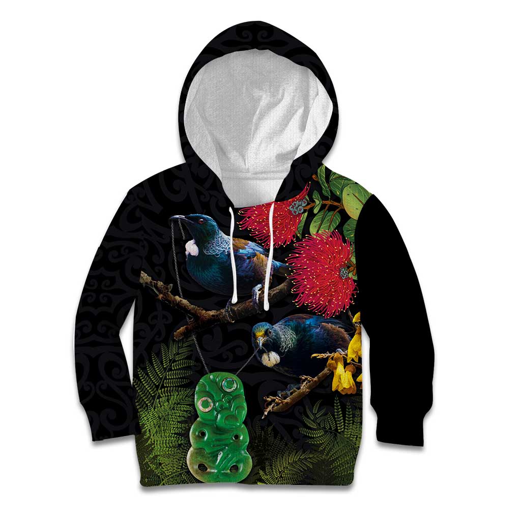 New Zealand Tui Kid Hoodie Guardians of the Hei Tiki - Maori Art and Plants