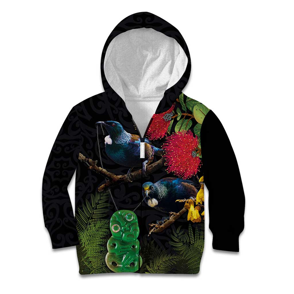 New Zealand Tui Kid Hoodie Guardians of the Hei Tiki - Maori Art and Plants