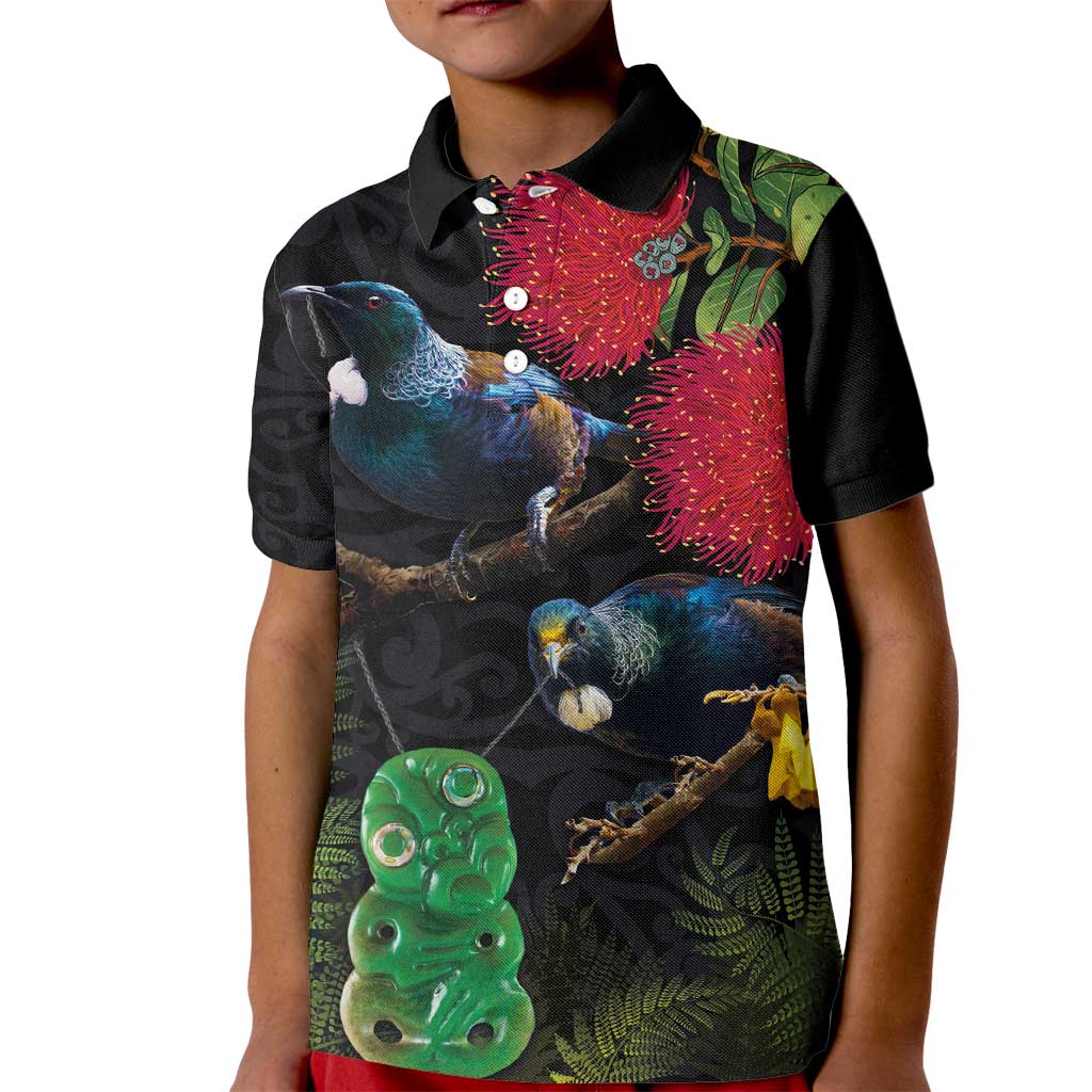 New Zealand Tui Kid Polo Shirt Guardians of the Hei Tiki - Maori Art and Plants LT03 Kid Black - Polynesian Pride