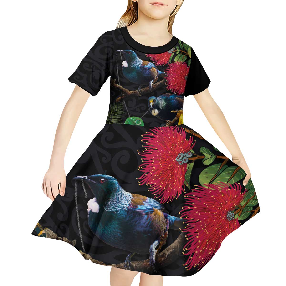 New Zealand Tui Kid Short Sleeve Dress Guardians of the Hei Tiki - Maori Art and Plants