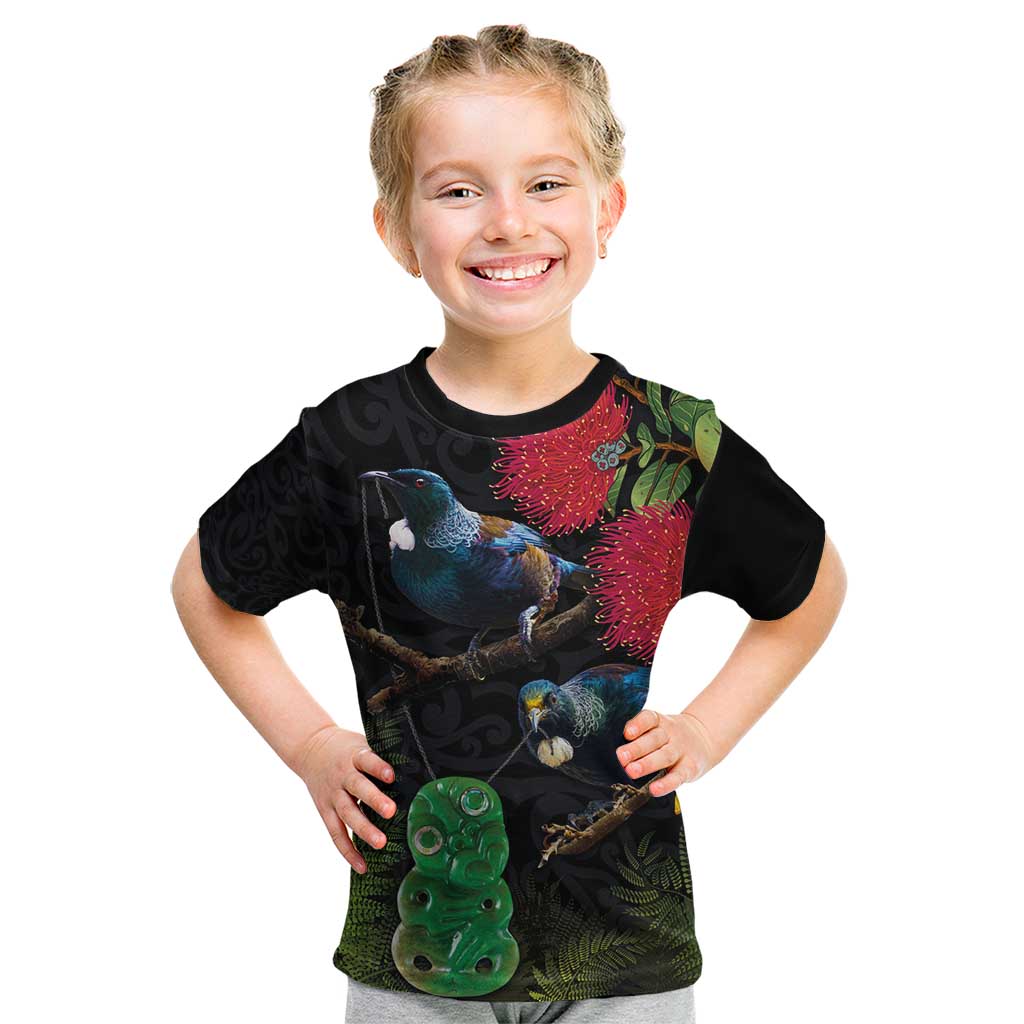 New Zealand Tui Kid T Shirt Guardians of the Hei Tiki - Maori Art and Plants LT03 Black - Polynesian Pride