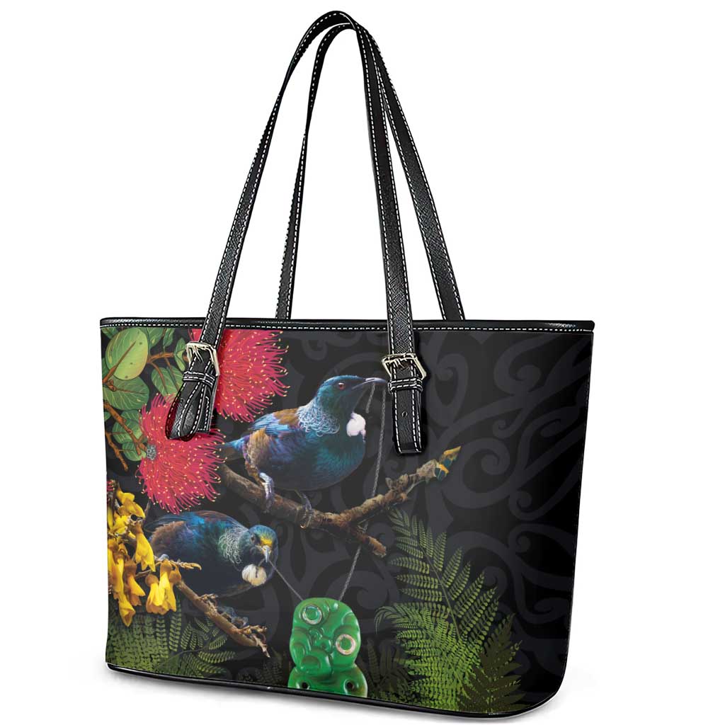 New Zealand Tui Leather Tote Bag Guardians of the Hei Tiki - Maori Art and Plants LT03 - Polynesian Pride