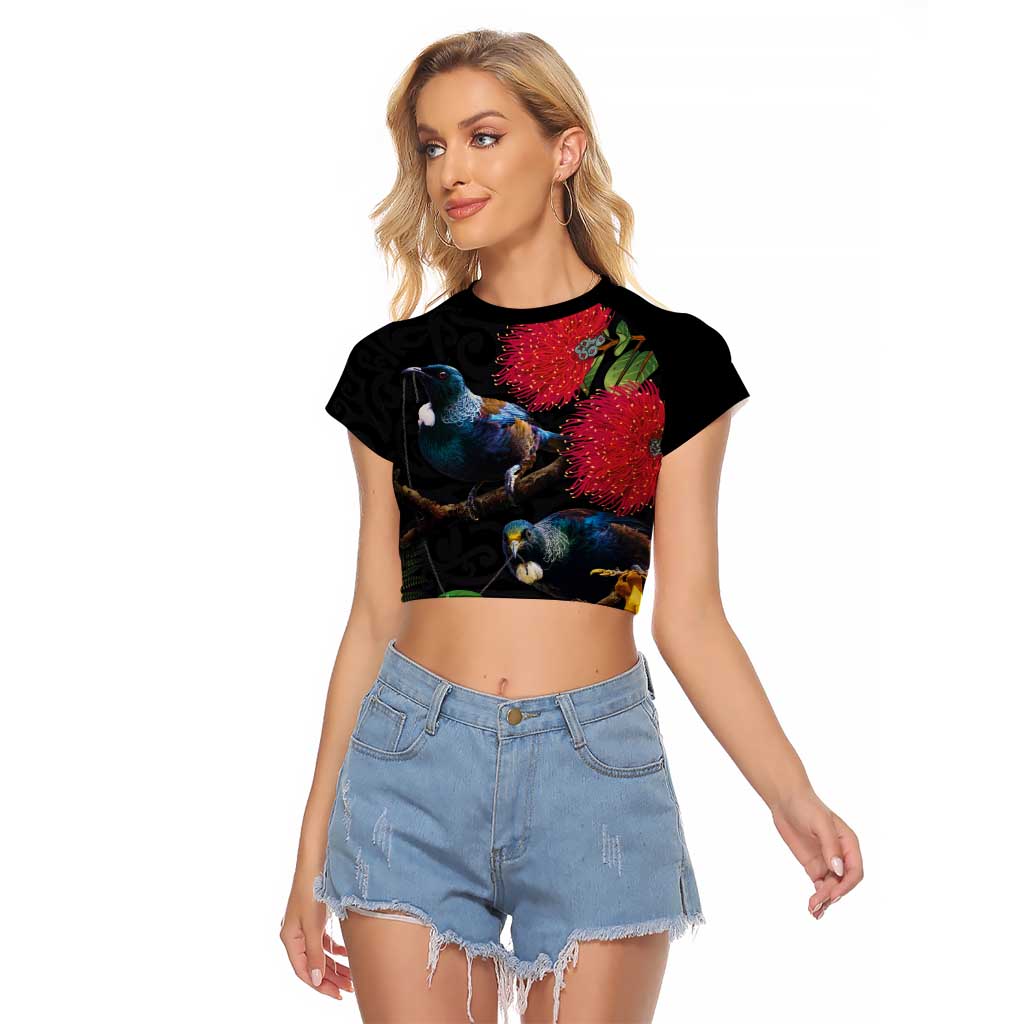 New Zealand Tui Raglan Cropped T Shirt Guardians of the Hei Tiki - Maori Art and Plants