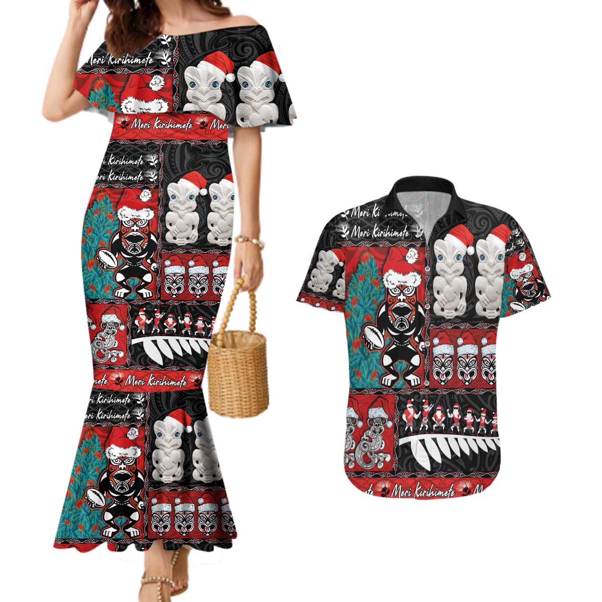 New Zealand Christmas Couples Matching Mermaid Dress and Hawaiian Shirt Maori Christmas Spirit - Meri Kirihimete