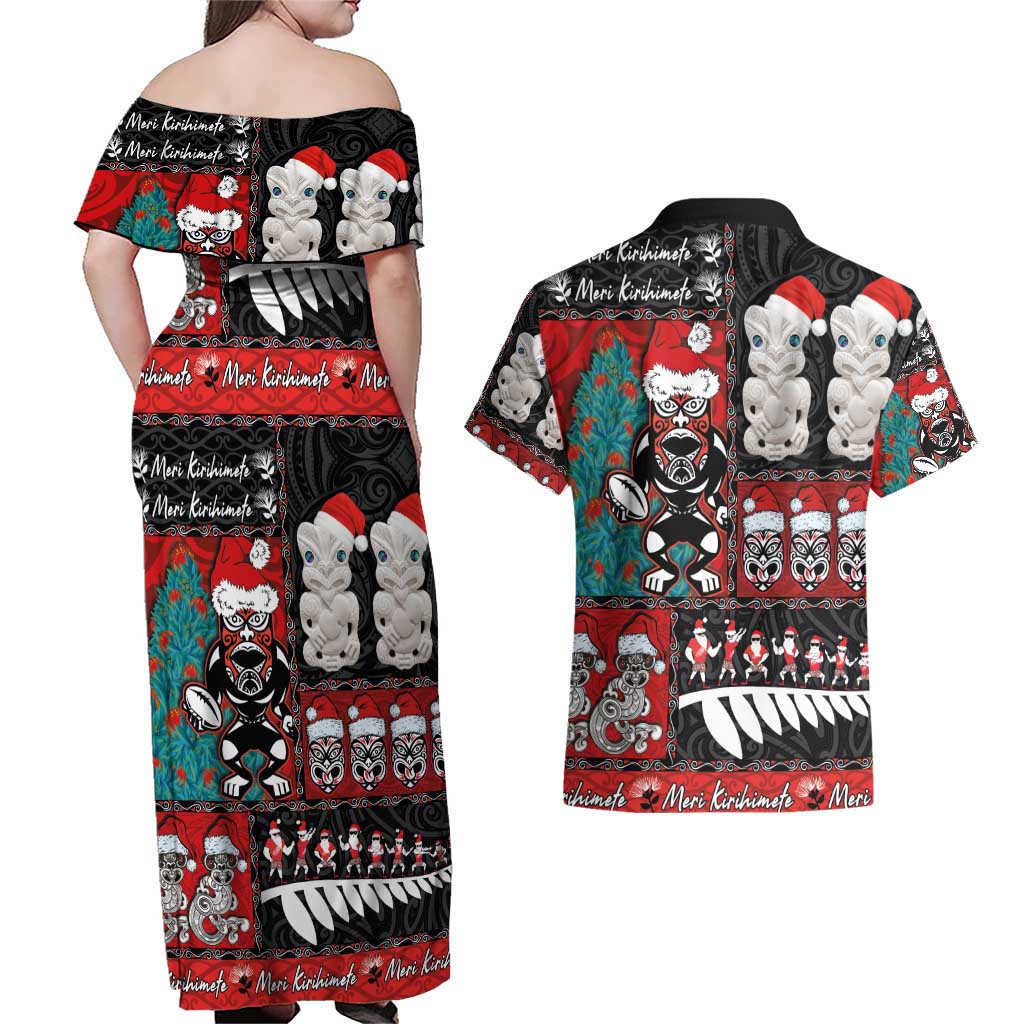 New Zealand Christmas Couples Matching Off Shoulder Maxi Dress and Hawaiian Shirt Maori Christmas Spirit - Meri Kirihimete LT03 - Polynesian Pride