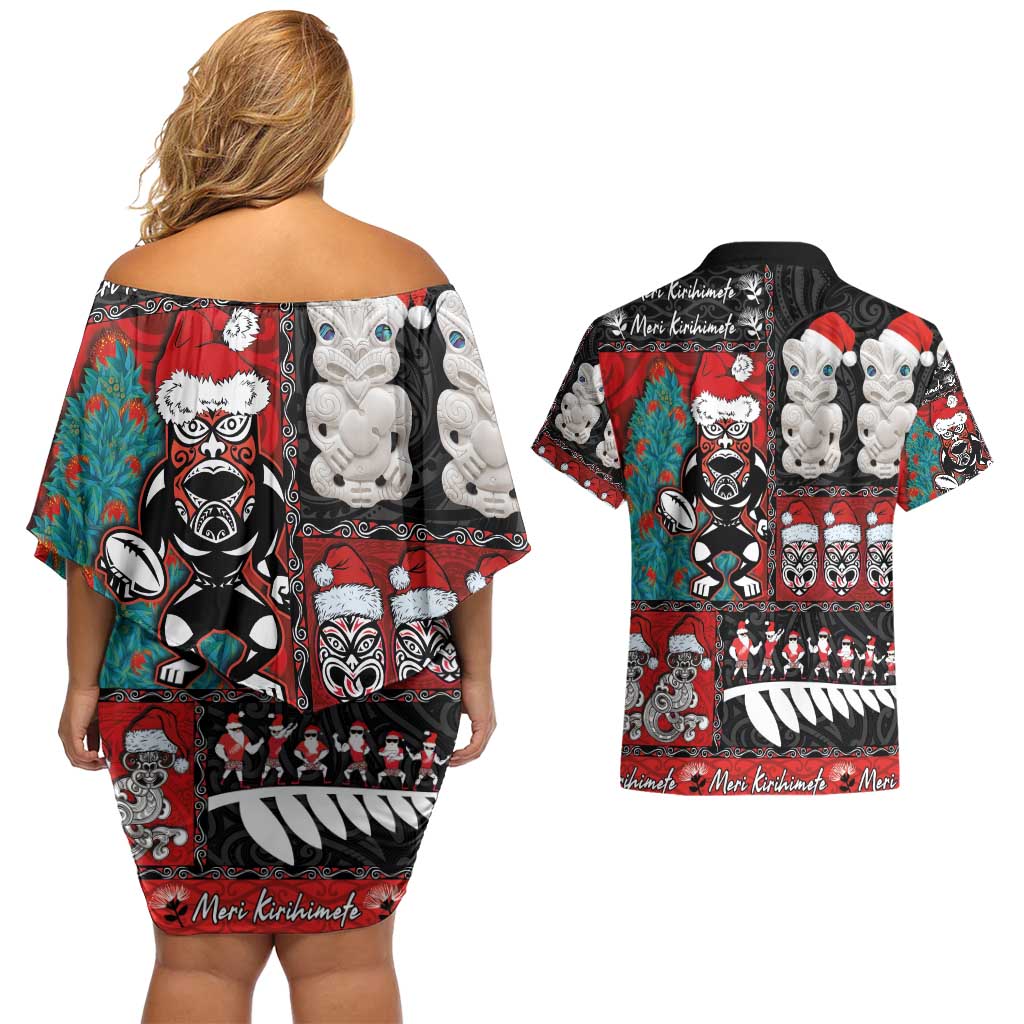 New Zealand Christmas Couples Matching Off Shoulder Short Dress and Hawaiian Shirt Maori Christmas Spirit - Meri Kirihimete LT03 - Polynesian Pride
