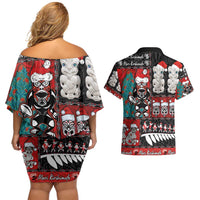 New Zealand Christmas Couples Matching Off Shoulder Short Dress and Hawaiian Shirt Maori Christmas Spirit - Meri Kirihimete LT03 - Polynesian Pride