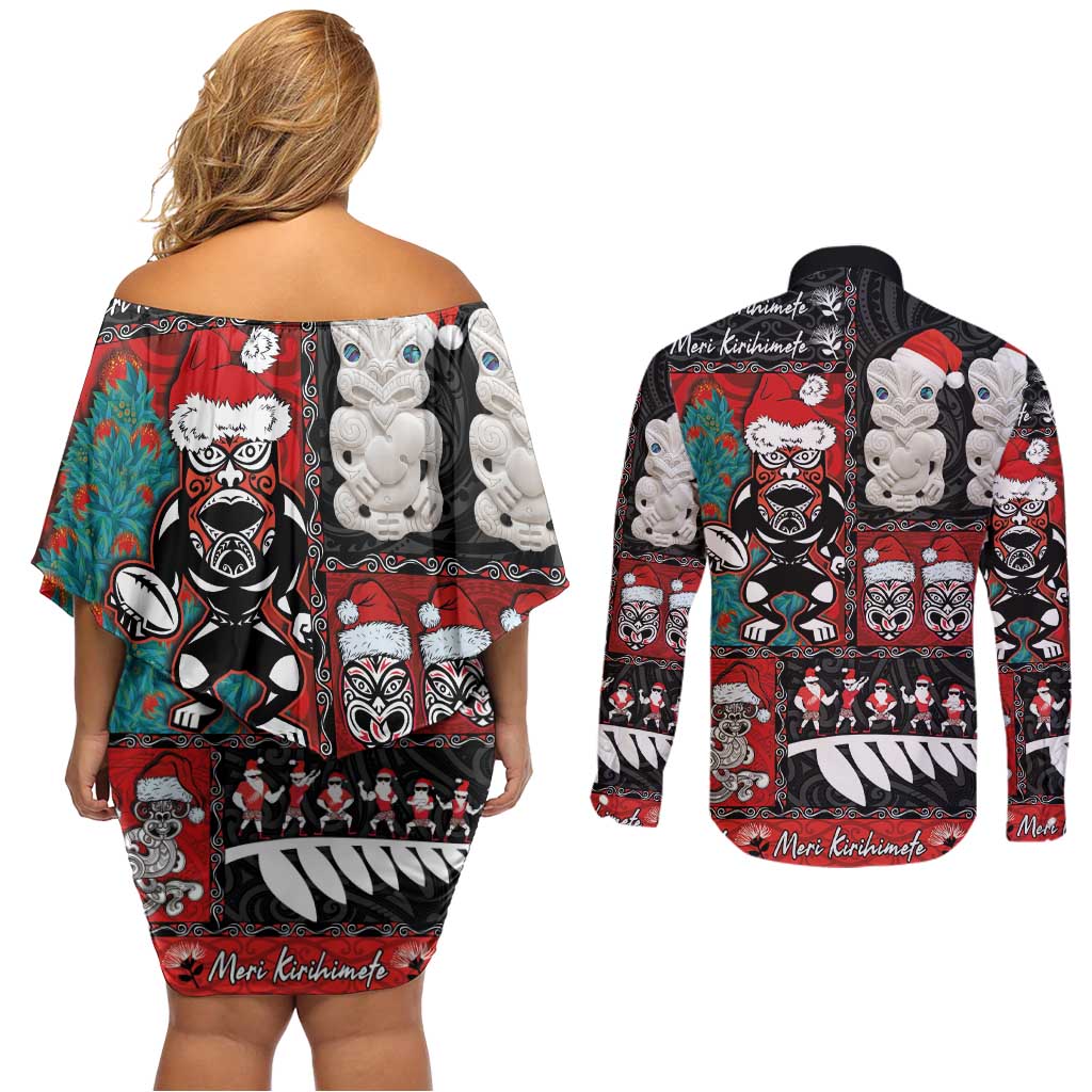 New Zealand Christmas Couples Matching Off Shoulder Short Dress and Long Sleeve Button Shirt Maori Christmas Spirit - Meri Kirihimete