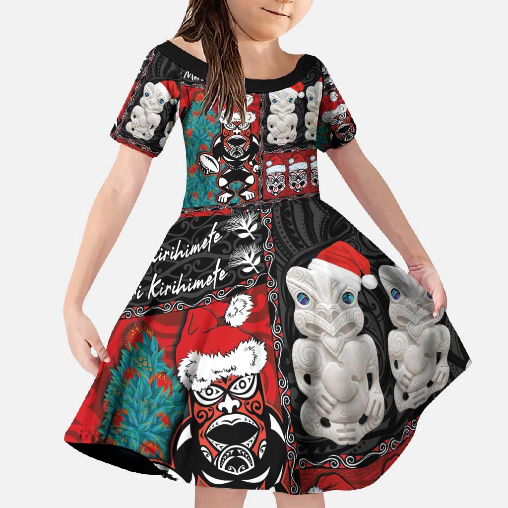 New Zealand Christmas Family Matching Off Shoulder Maxi Dress and Hawaiian Shirt Maori Christmas Spirit - Meri Kirihimete LT03 Daughter's Dress Black - Polynesian Pride