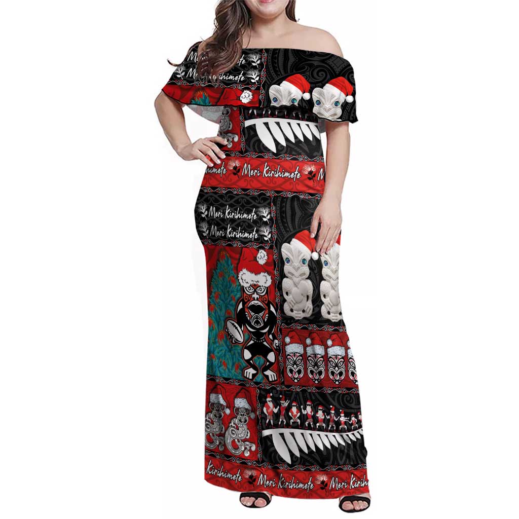 New Zealand Christmas Family Matching Off Shoulder Maxi Dress and Hawaiian Shirt Maori Christmas Spirit - Meri Kirihimete LT03 Mom's Dress Black - Polynesian Pride