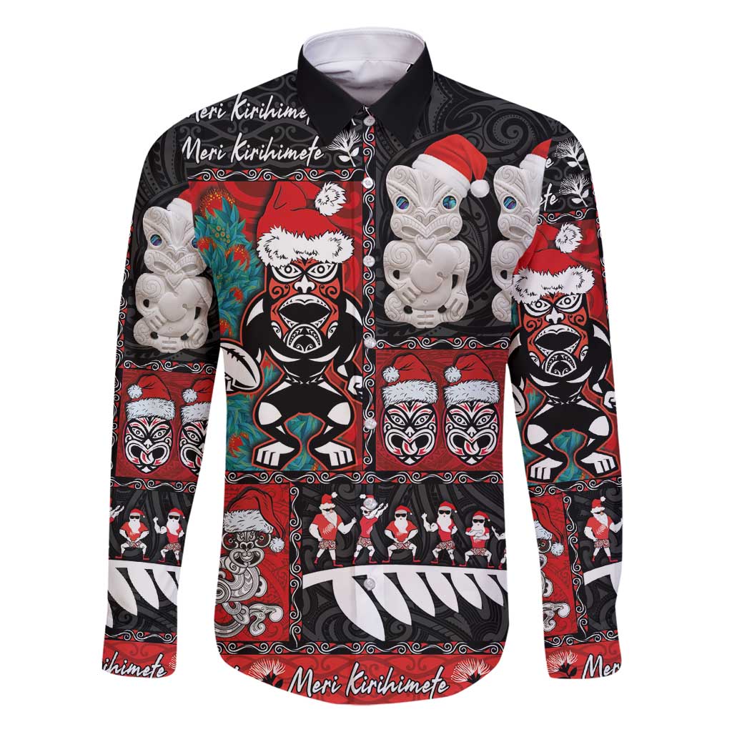 New Zealand Christmas Family Matching Off Shoulder Short Dress and Hawaiian Shirt Maori Christmas Spirit - Meri Kirihimete LT03 Dad's Shirt - Long Sleeve Black - Polynesian Pride