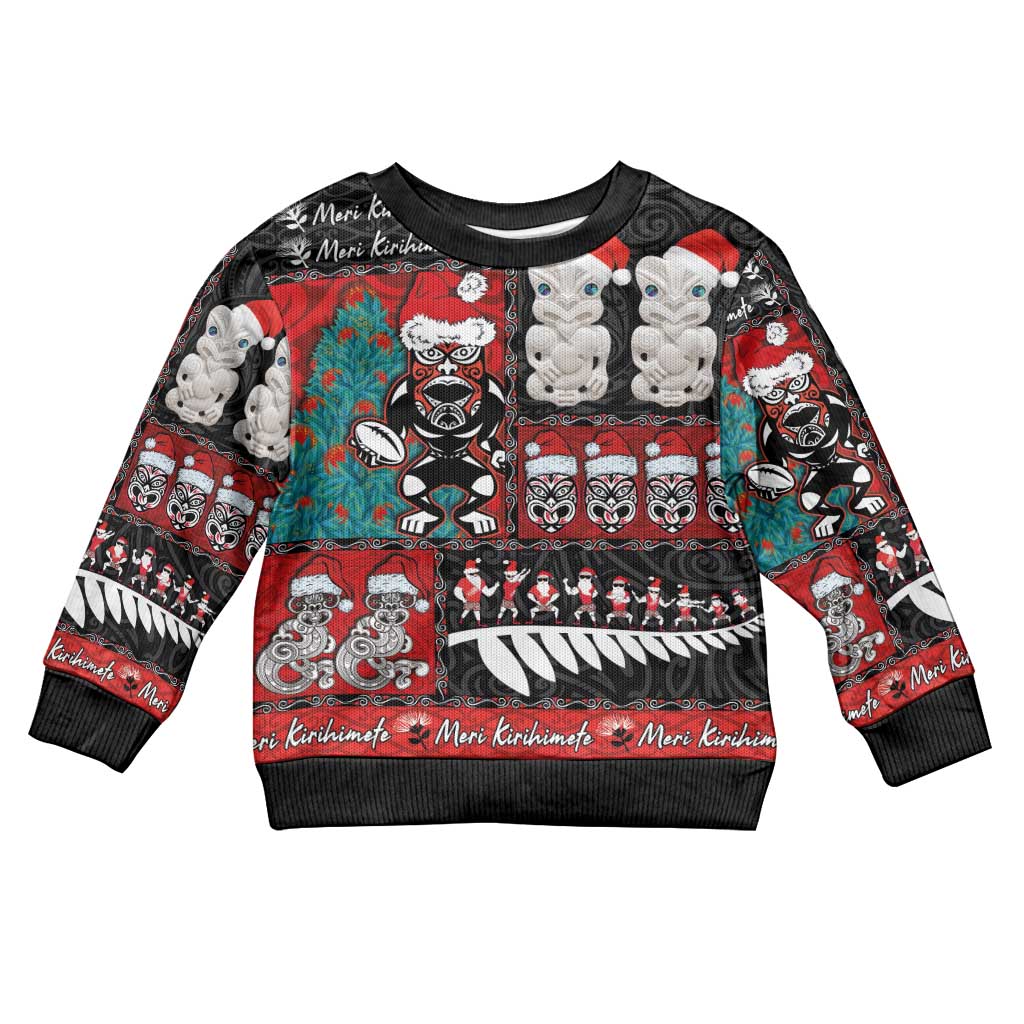 New Zealand Christmas Kid Ugly Christmas Sweater Maori Christmas Spirit - Meri Kirihimete LT03 Kid Black - Polynesian Pride