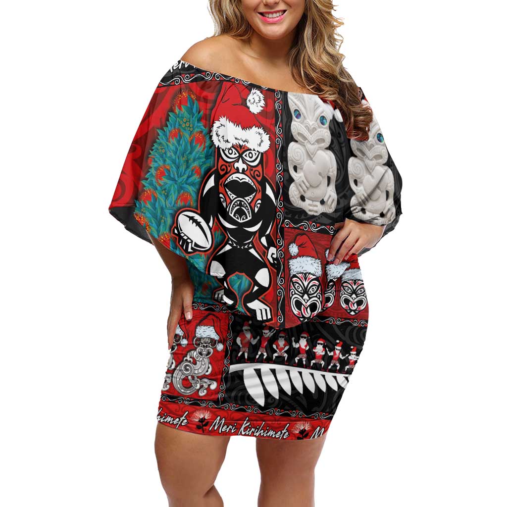 New Zealand Christmas Off Shoulder Short Dress Maori Christmas Spirit - Meri Kirihimete