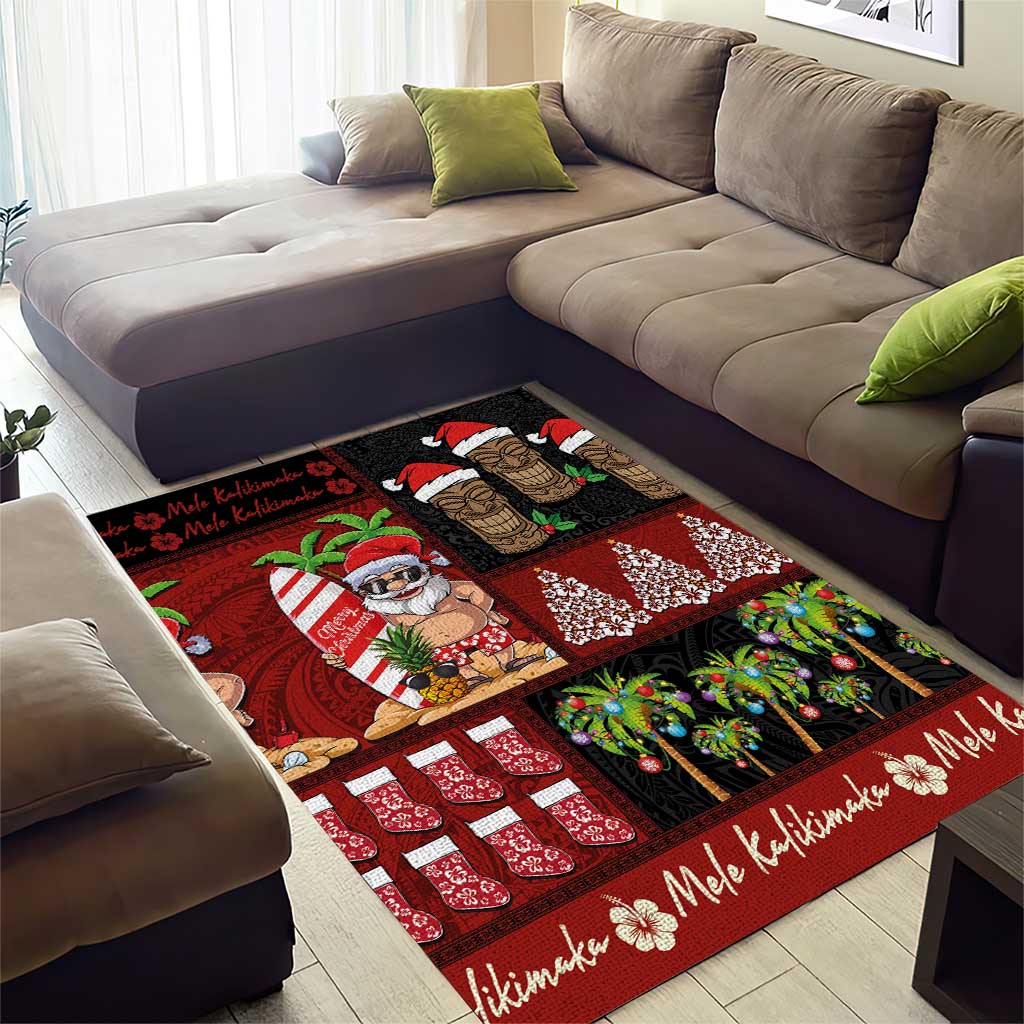 Hawaiian Christmas Area Rug - Mele Kalikimaka Island Holiday Vibes - Black Red
