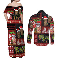 Hawaiian Christmas Couples Matching Off Shoulder Maxi Dress and Long Sleeve Button Shirt - Mele Kalikimaka Island Holiday Vibes - Black Red