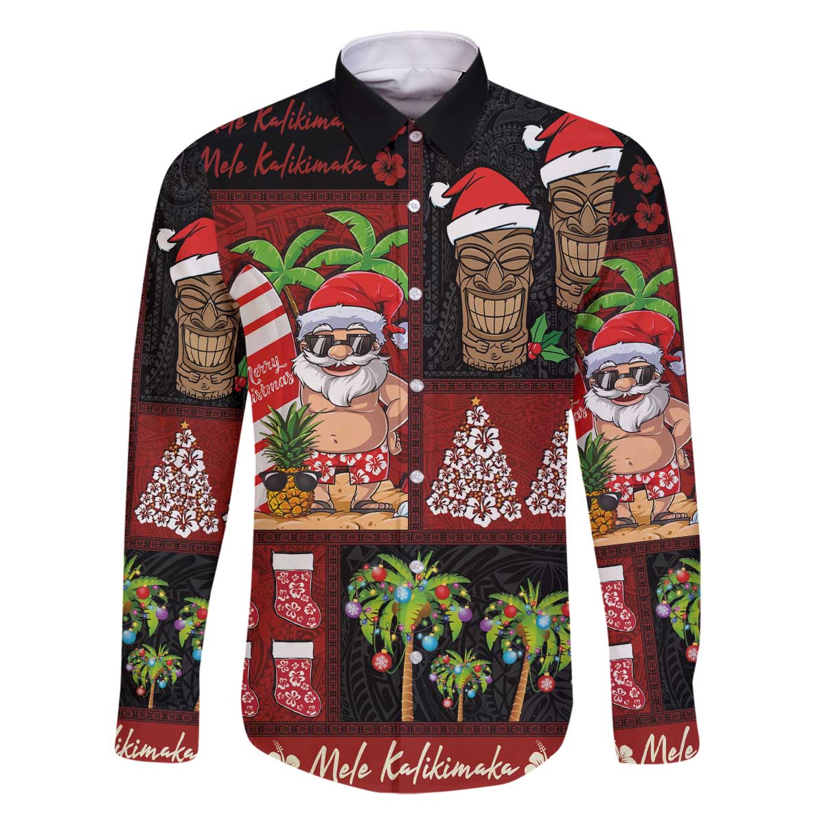 Hawaiian Christmas Family Matching Off The Shoulder Long Sleeve Dress and Hawaiian Shirt - Mele Kalikimaka Island Holiday Vibes - Black Red
