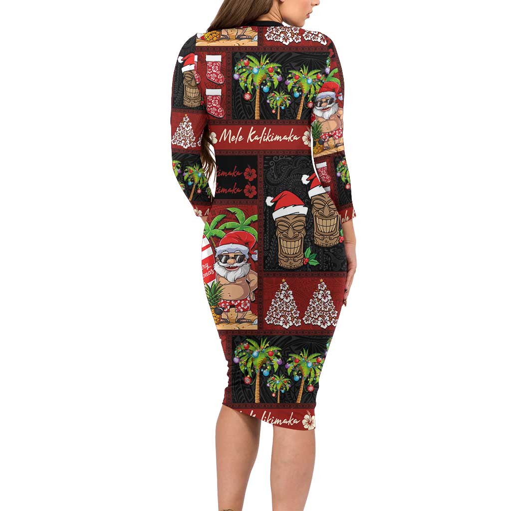 Hawaiian Christmas Long Sleeve Bodycon Dress - Mele Kalikimaka Island Holiday Vibes - Black Red