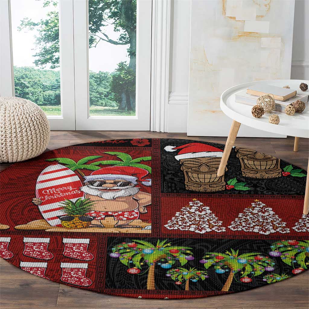 Hawaiian Christmas Round Carpet - Mele Kalikimaka Island Holiday Vibes - Black Red