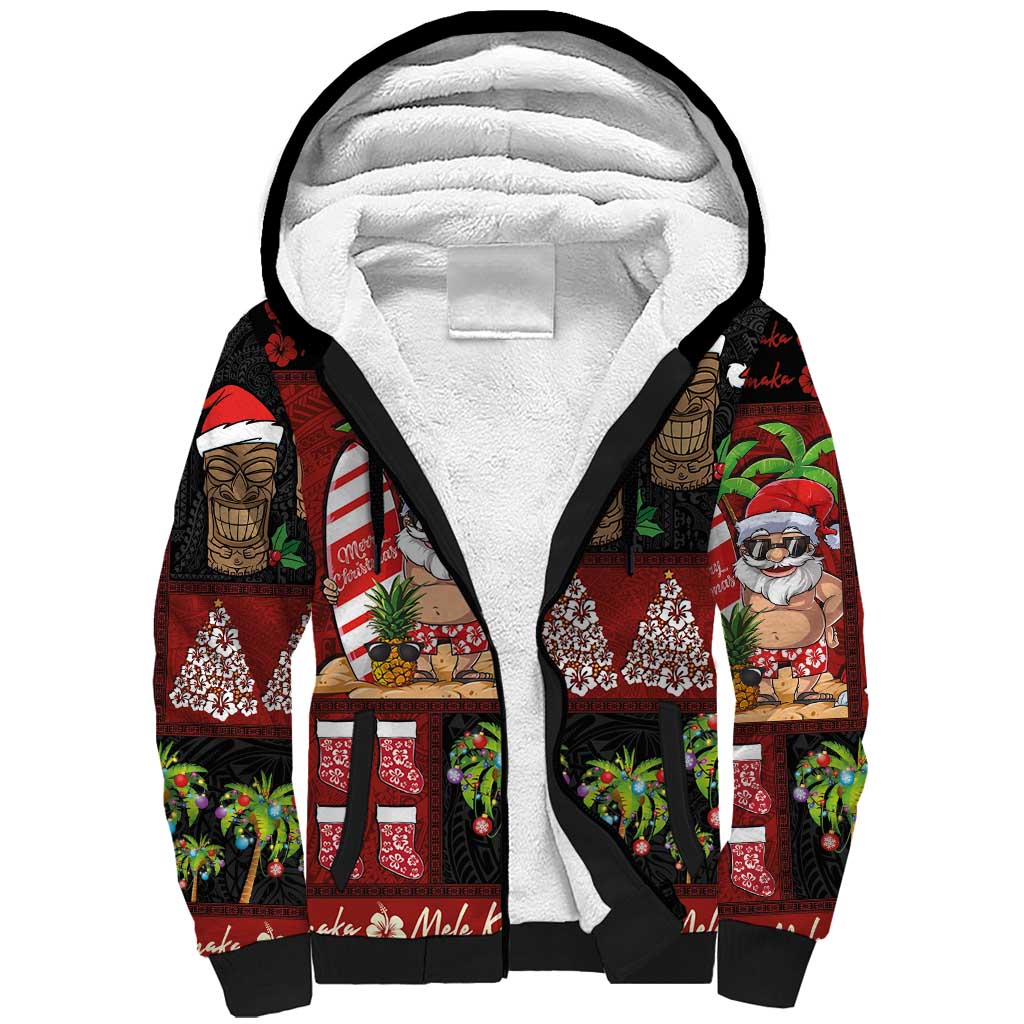 Hawaiian Christmas Sherpa Hoodie - Mele Kalikimaka Island Holiday Vibes - Black Red