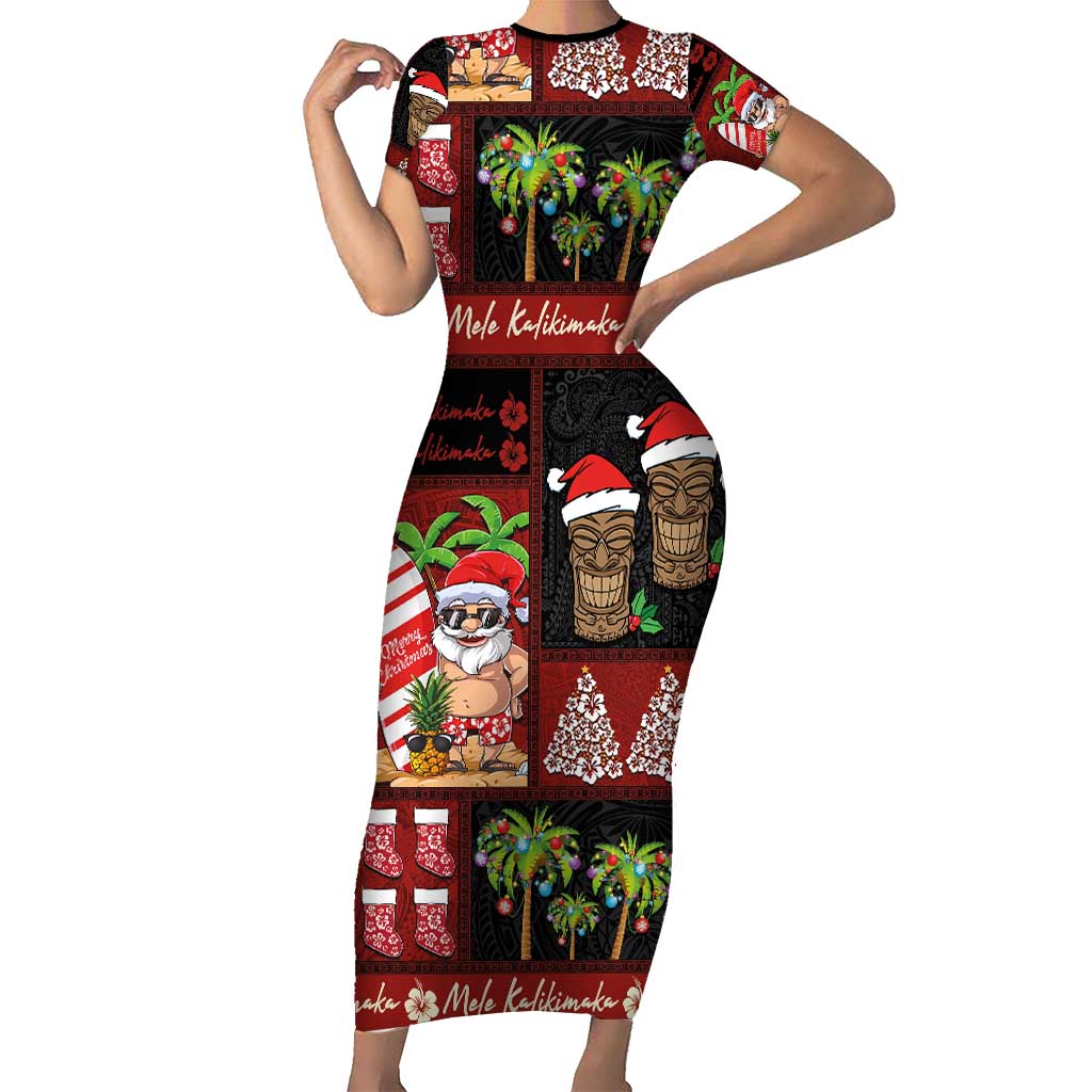 Hawaiian Christmas Short Sleeve Bodycon Dress - Mele Kalikimaka Island Holiday Vibes - Black Red