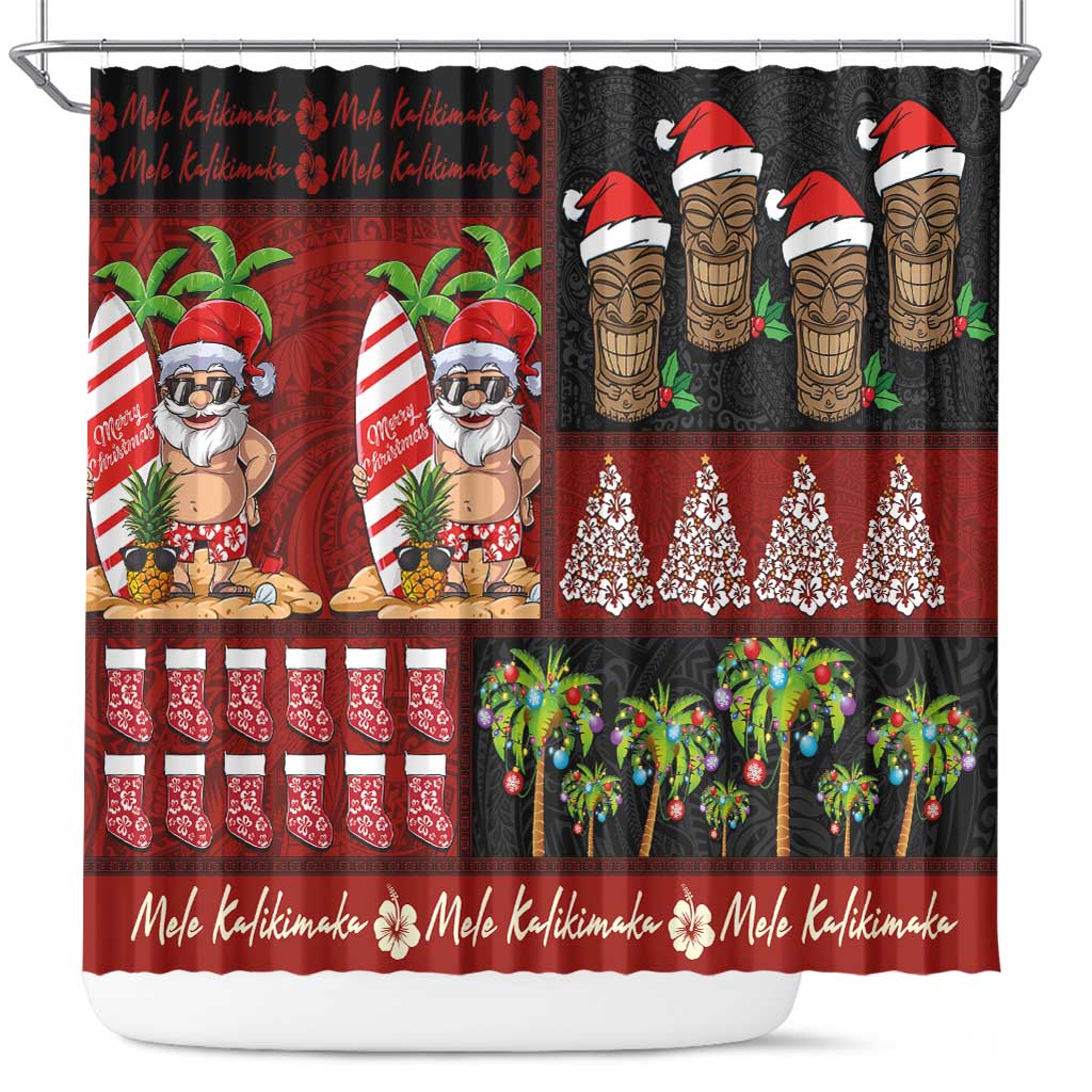 Hawaiian Christmas Shower Curtain - Mele Kalikimaka Island Holiday Vibes - Black Red