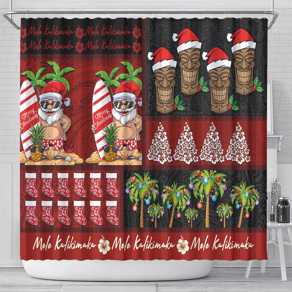 Hawaiian Christmas Shower Curtain - Mele Kalikimaka Island Holiday Vibes - Black Red
