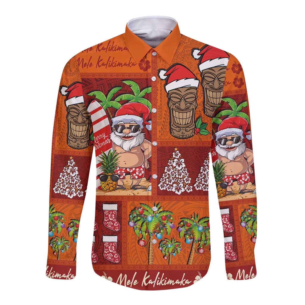 Hawaiian Christmas Long Sleeve Button Shirt - Mele Kalikimaka Island Holiday Vibes - Red Orange LT03 Unisex Red - Orange - Polynesian Pride