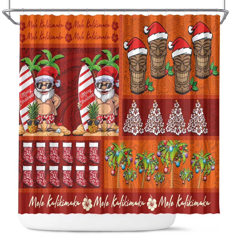 Hawaiian Christmas Shower Curtain - Mele Kalikimaka Island Holiday Vibes - Red Orange