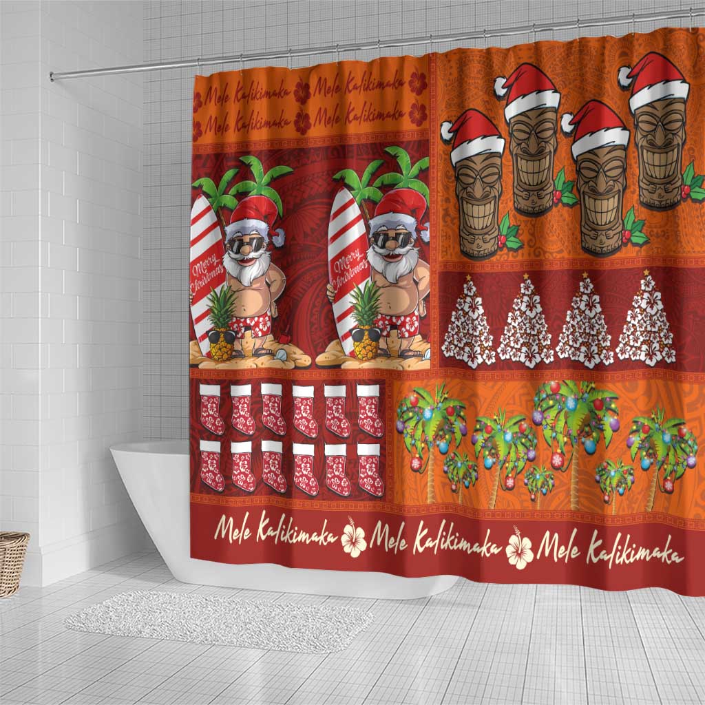 Hawaiian Christmas Shower Curtain - Mele Kalikimaka Island Holiday Vibes - Red Orange