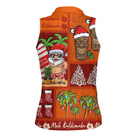 Hawaiian Christmas Women Sleeveless Polo Shirt - Mele Kalikimaka Island Holiday Vibes - Red Orange