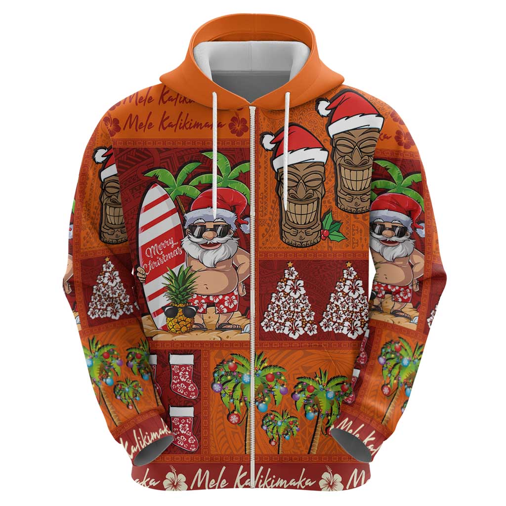 Hawaiian Christmas Zip Hoodie - Mele Kalikimaka Island Holiday Vibes - Red Orange