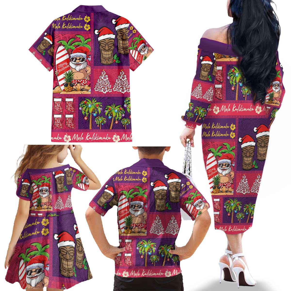 Hawaiian Christmas Family Matching Off The Shoulder Long Sleeve Dress and Hawaiian Shirt - Mele Kalikimaka Island Holiday Vibes - Pink Purple
